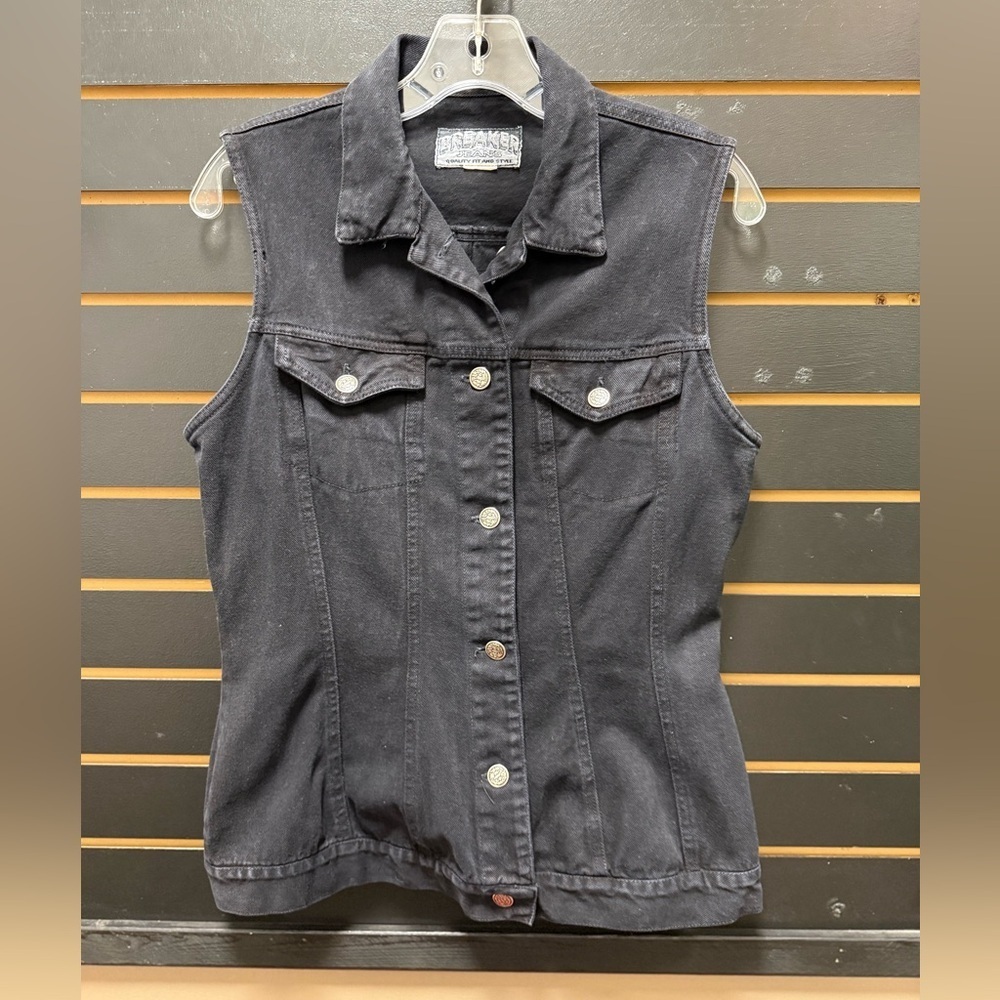 Breaker Jeans Black Denim Vest Sleeveless Button Front Size M